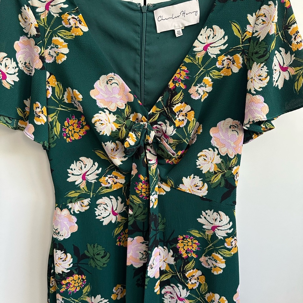 Floral Green Dress with Tie Front and Ruffle Hem